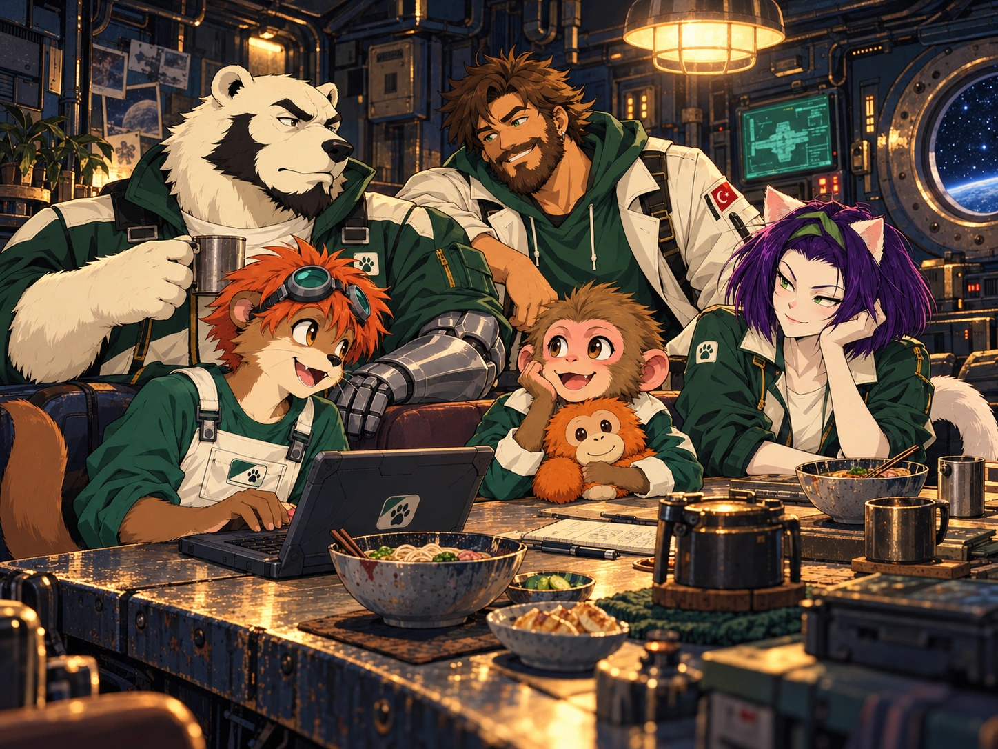 Jet, Appledelhi, Faye, Edward and Punch in Pumpfam green-and-white outfits aboard their spaceship