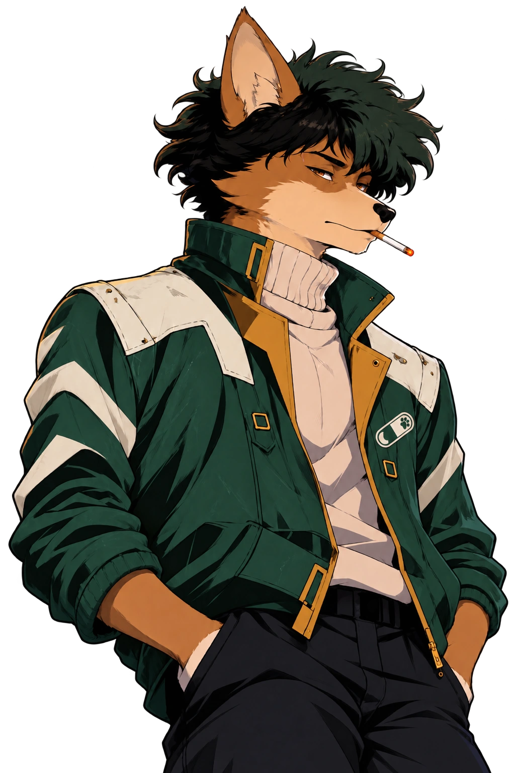 Dogboy in his forest-green and off-white Pumpfam jacket, relaxed and confident