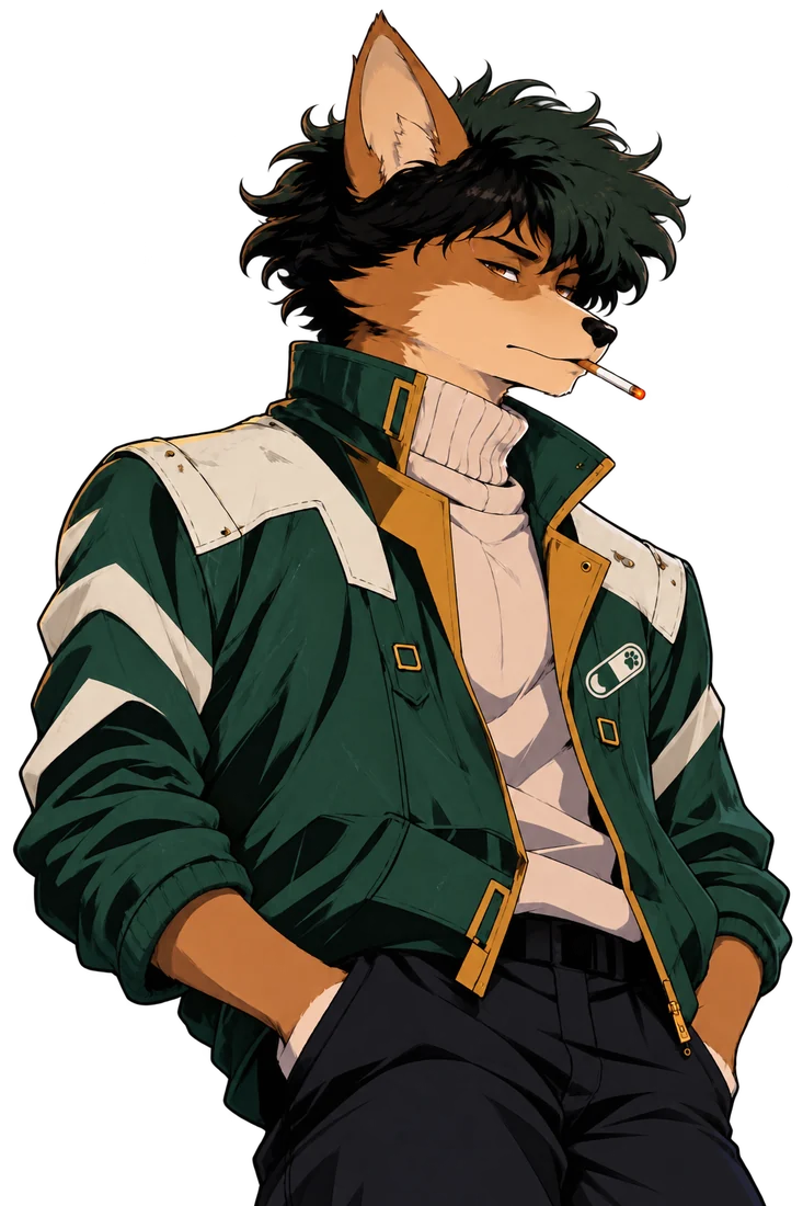 Dogboy, the corgi captain with dark messy hair and Pumpfam jacket
