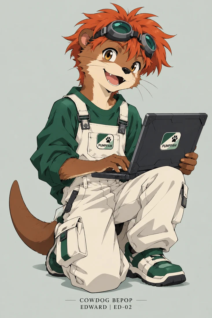 Ed, orange-haired otter with goggles and a laptop