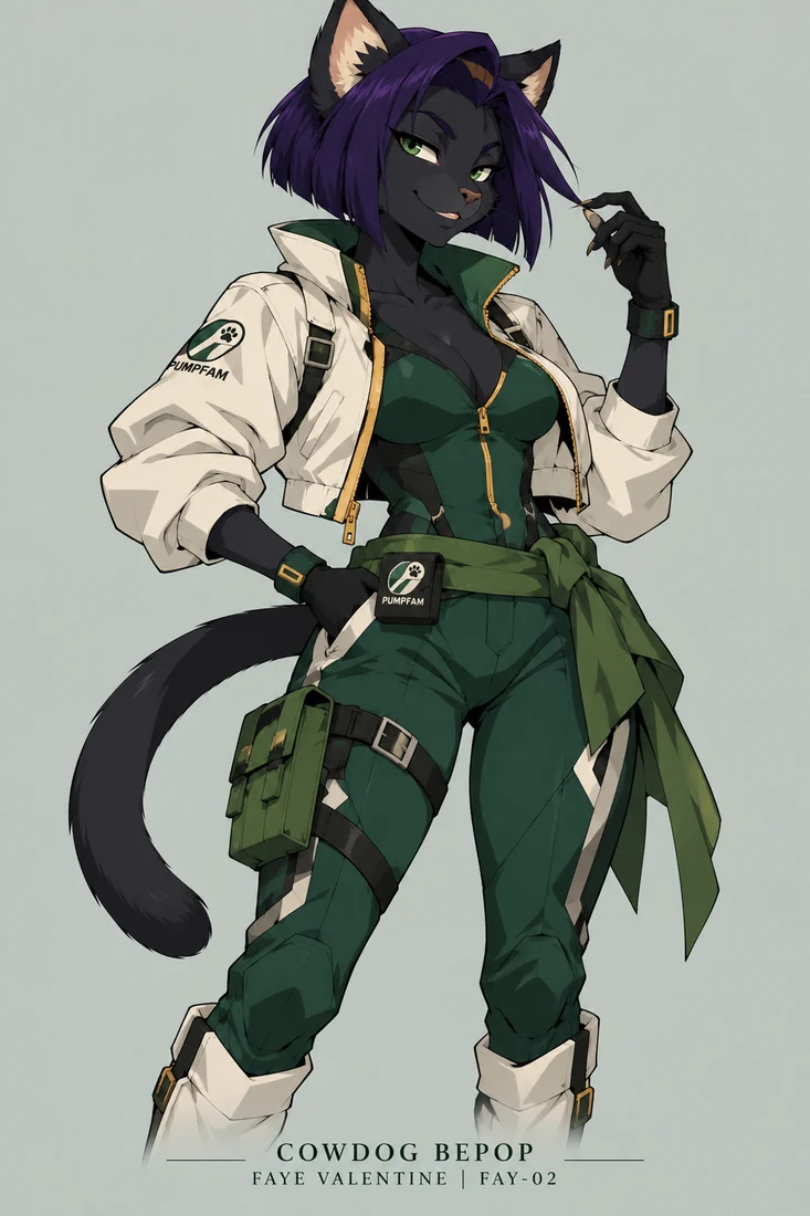 Faye, feline crew intelligence specialist with purple hair