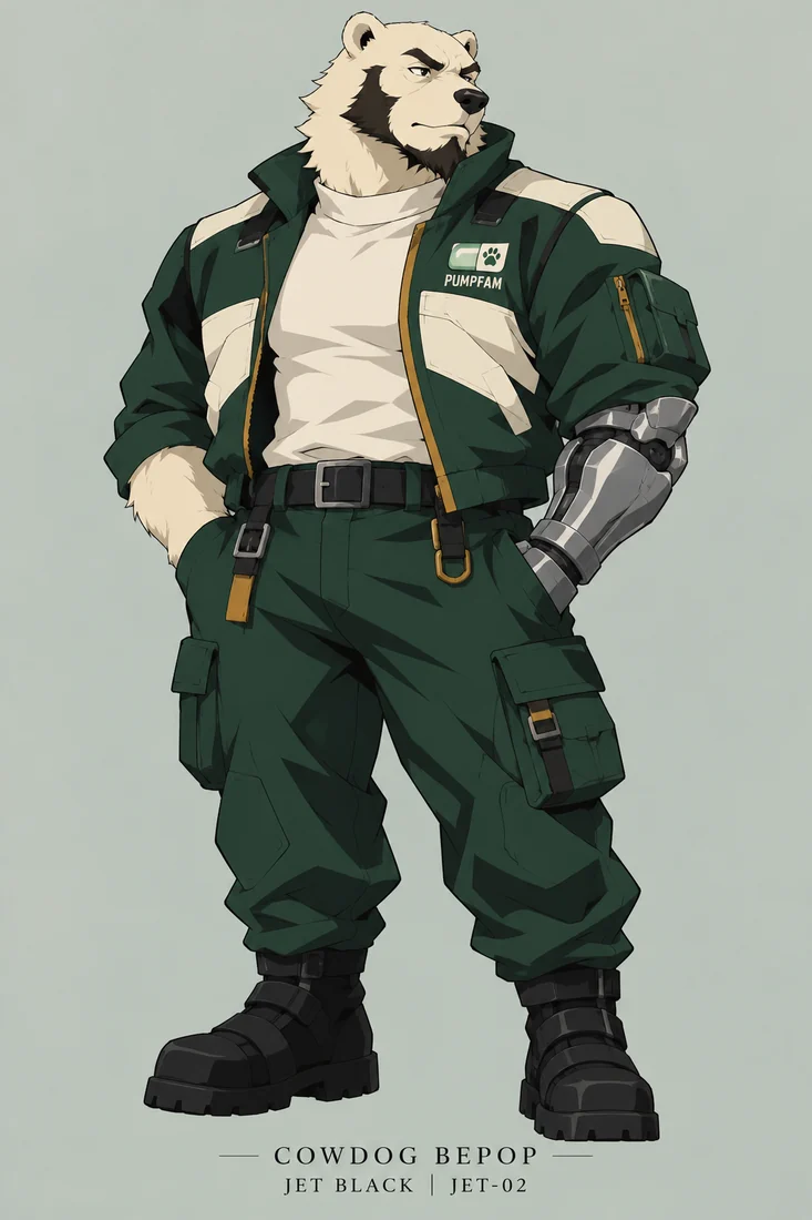 Jet, white polar bear with mechanical left arm and green uniform
