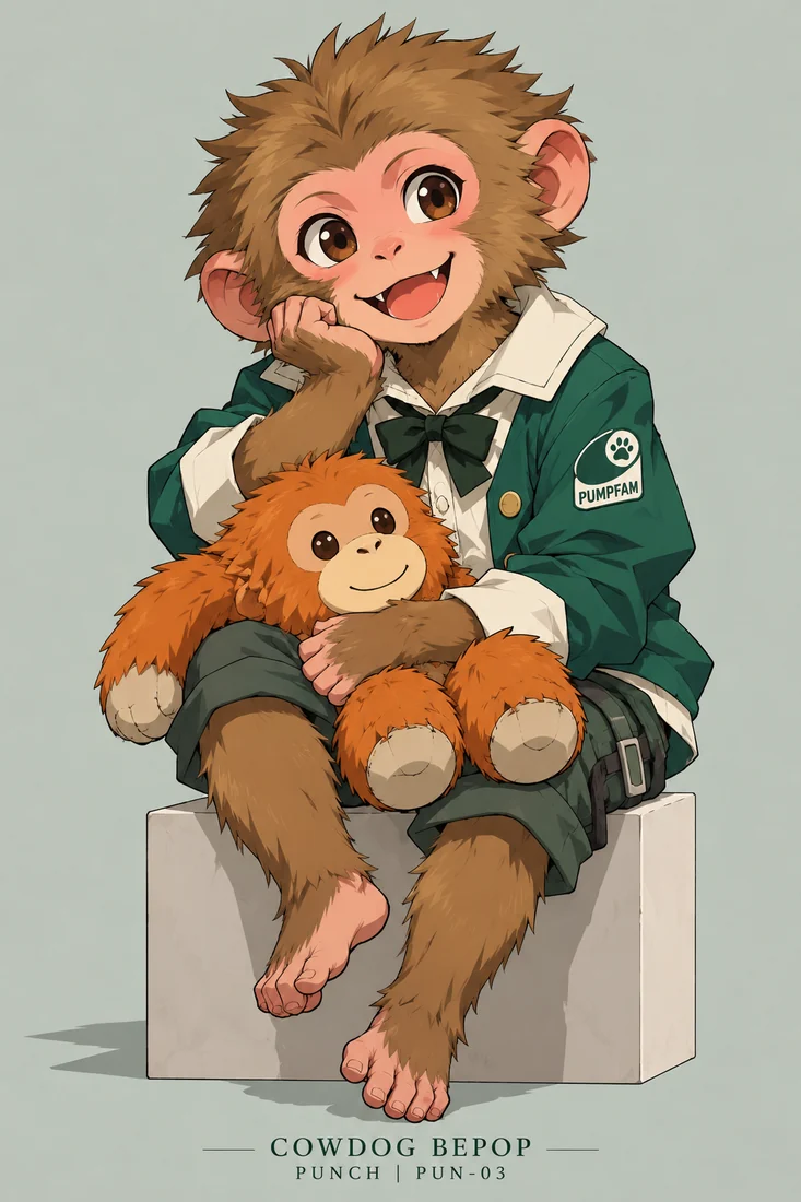Punch, small macaque in green jacket holding an orange plush toy